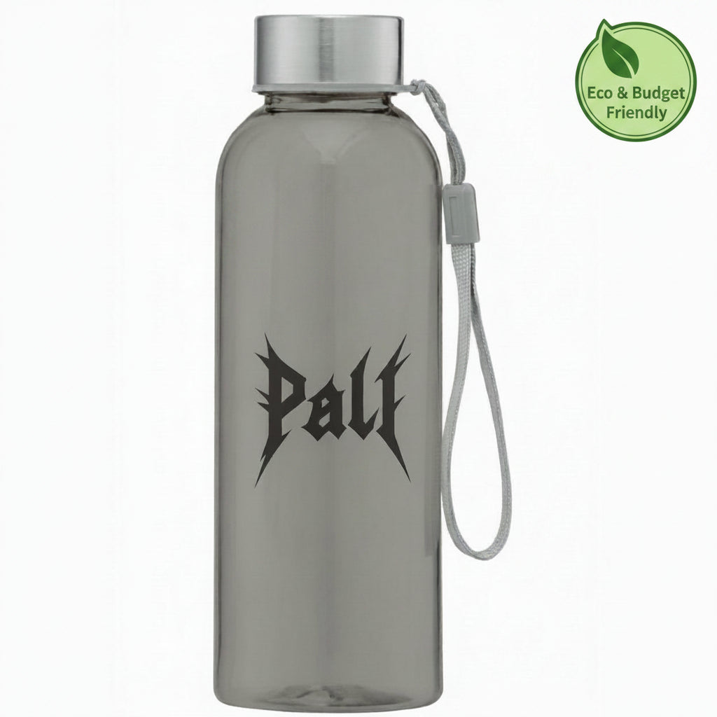 A translucent gray water bottle with a silver screw cap and a white wrist strap, featuring the word 'Palt' printed in a black gothic font on the front.