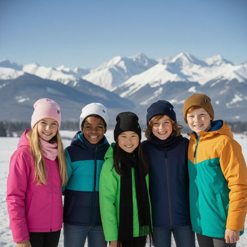 Children in colorful winter jackets standing in front of snow-covered mountains